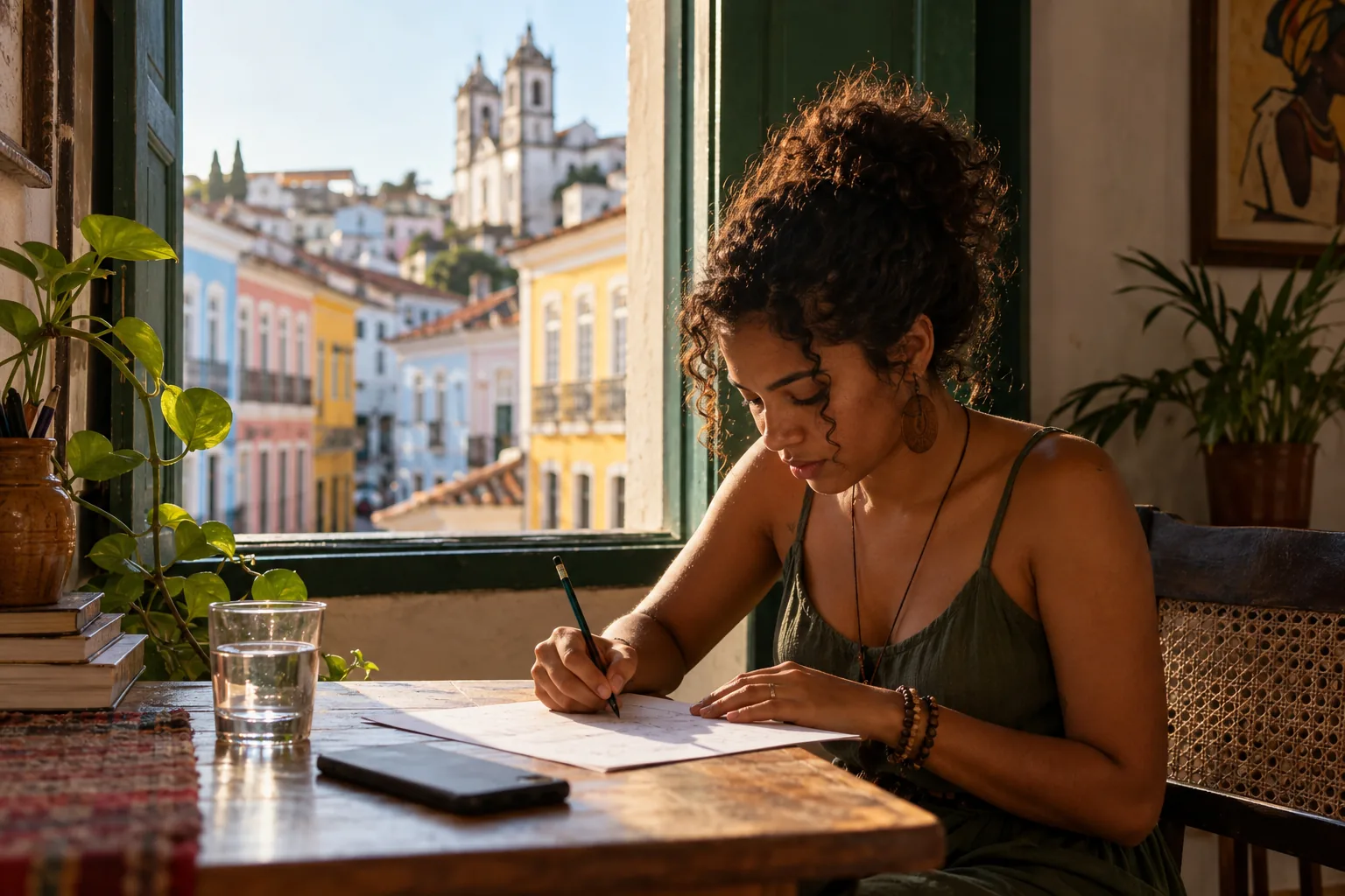 Social media em Salvador anota numa folha quantas redes cada cliente usa, com o celular virado ao lado