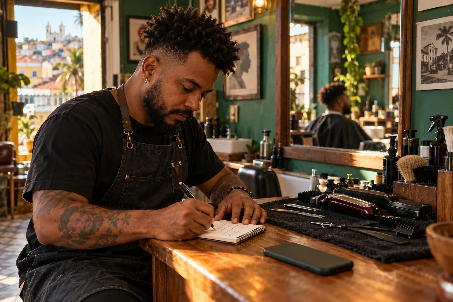 Barbeiro em Salvador escreve num caderno as palavras que descrevem o corte, com o celular virado na bancada