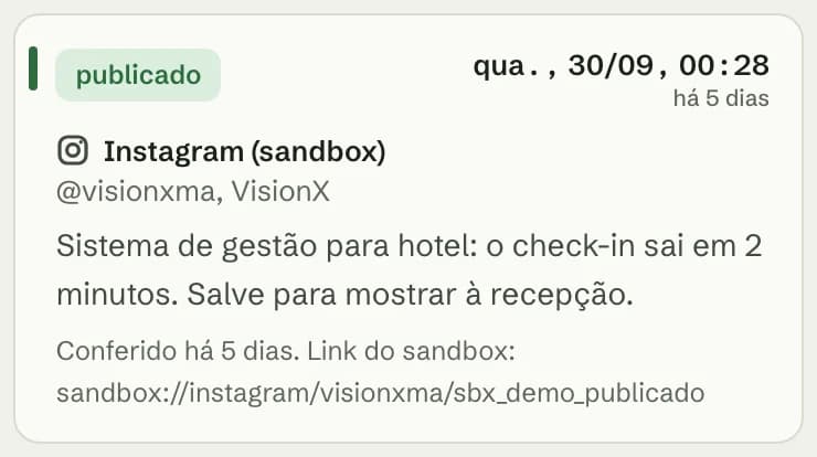 Um post do Instagram na fila: publicado, conferido, com o link.