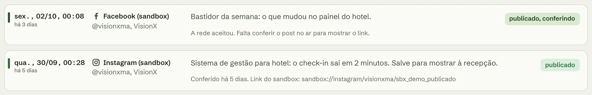 Aba Publicados da fila: um post do Facebook em 'publicado, conferindo' e um do Instagram em 'publicado', conferido, com o link.